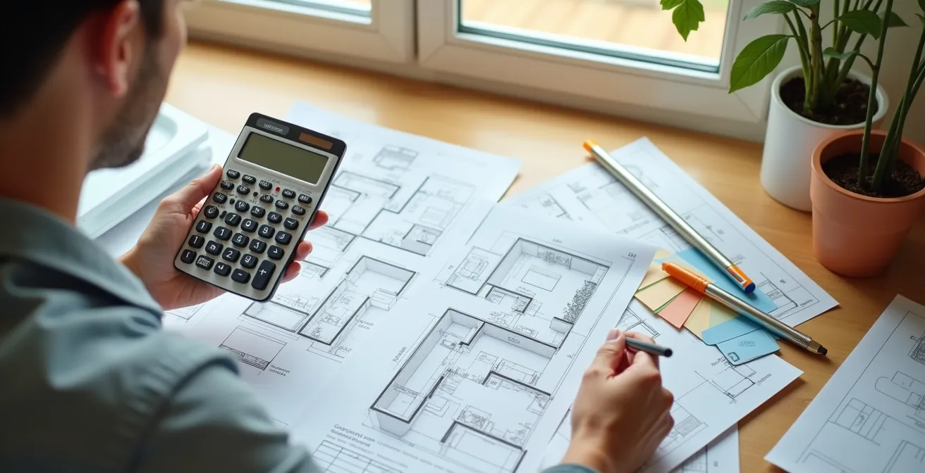 Mains tenant des plans de cuisine avec calculatrice et devis