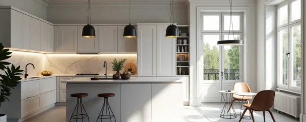Cuisine moderne rénovée dans un appartement haussmannien avec îlot central et verrière