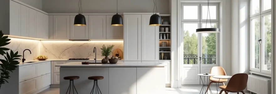 Cuisine moderne rénovée dans un appartement haussmannien avec îlot central et verrière